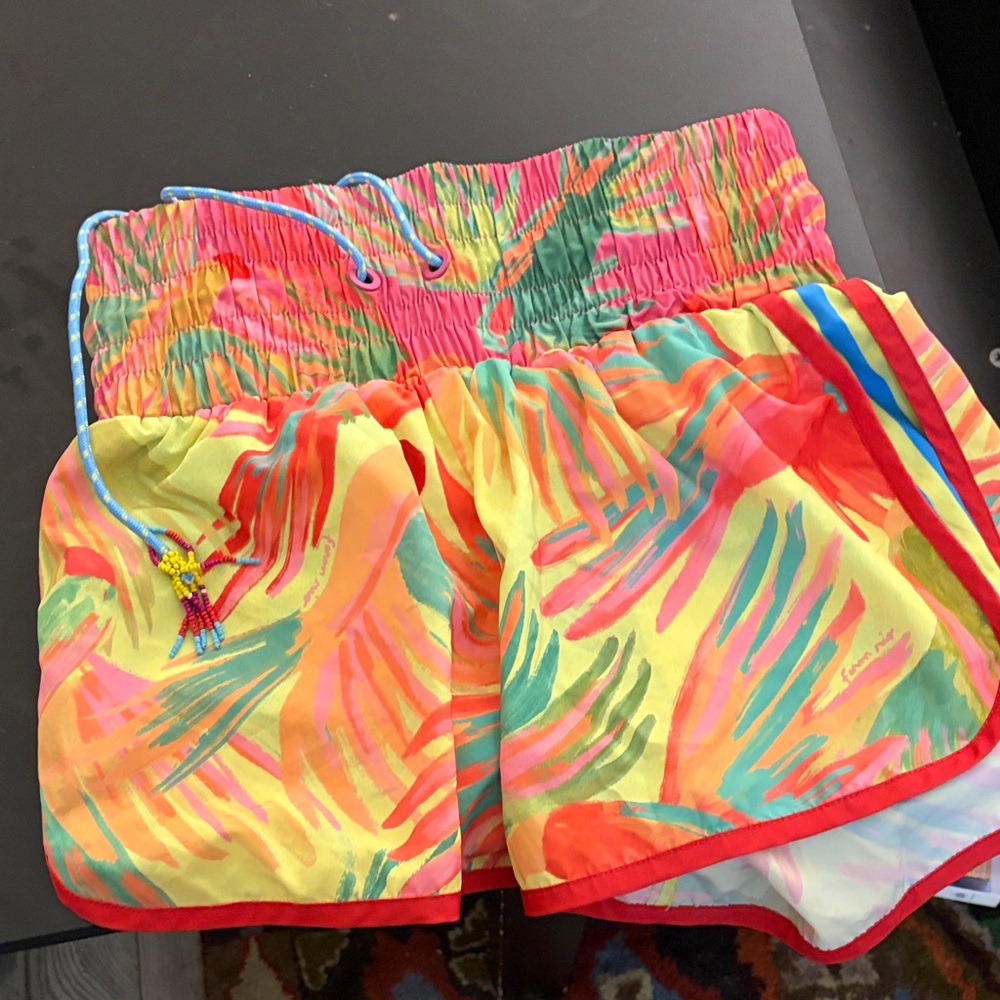 FARM Rio Bright Tropical Print Athletic Shorts in Yellow, Pink, Green, Orange